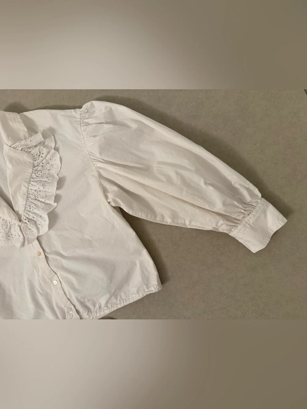 Zara White Eyelet Ruffle Collar Balloon Sleeve Boho Cropped Cotton Blouse Size L